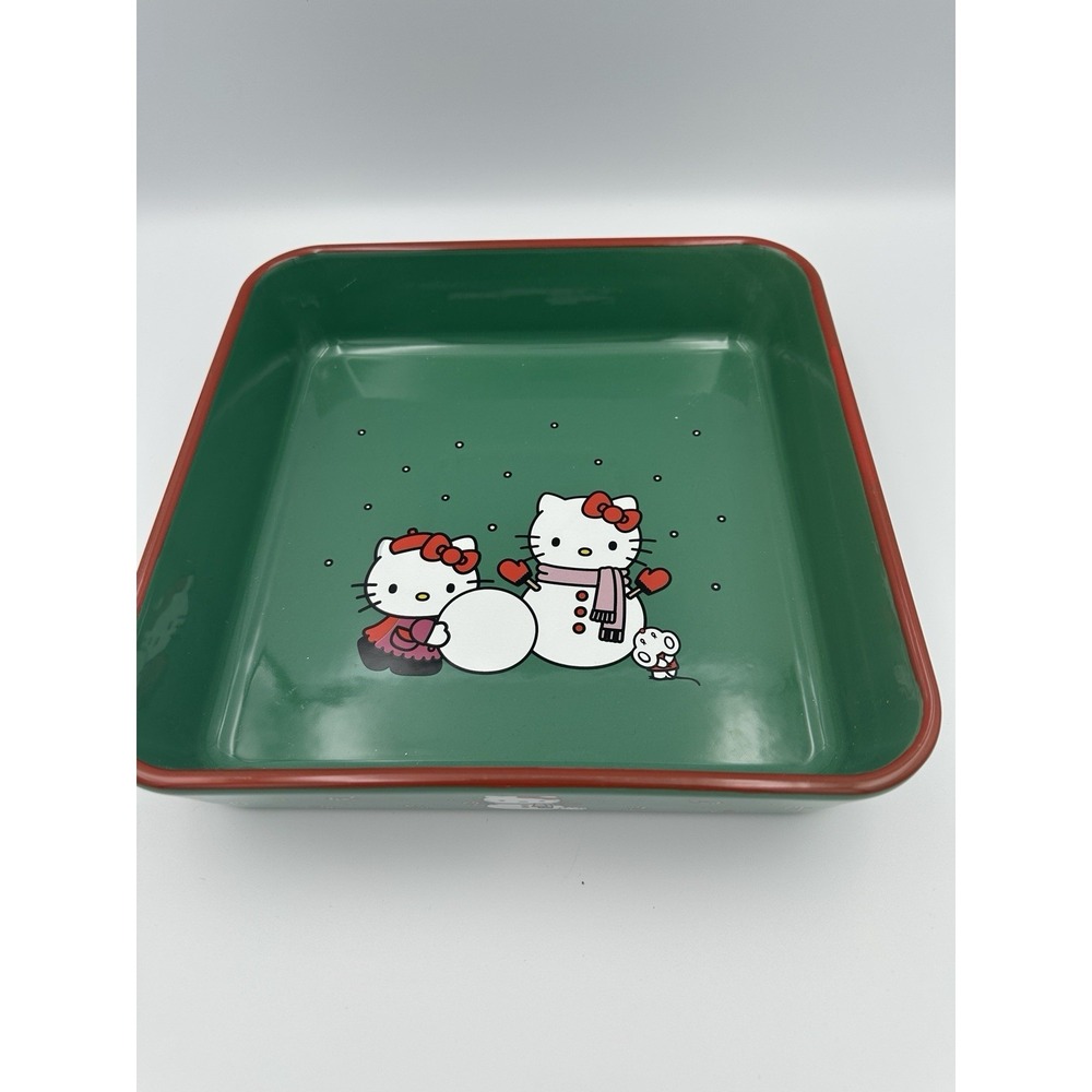 NEW Hello Kitty Snowman Christmas Holiday Green Ceramic 9in Square Baker Pan